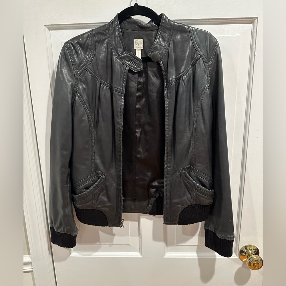 Aqua black leather bomber jacket